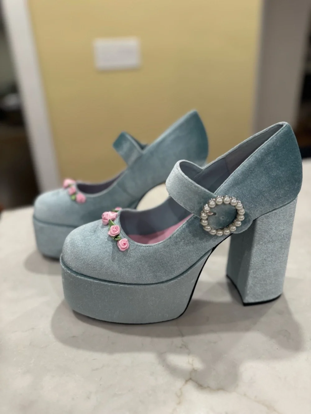 Platform heels, faux velvet, size 10, light blue - Picture 2 of 16